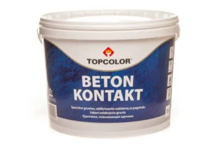 A large white plastic container labeled "TopColor Beton Kontakt" with blue and gray design elements. The label includes information in multiple languages. The container appears to be used for a construction or painting product.