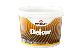 A white plastic bucket with a label reading "Dekor" and "Topcolor" shows a brown and orange design with swirl patterns. The bucket is intended for paint or similar materials, and it has a handle attached.