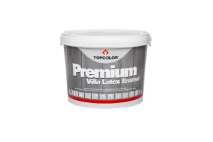 A white bucket of Topcolor Premium Villa Latex Enamel paint with a gray and red label. It shows 3 liters capacity with icons suggesting various applications.