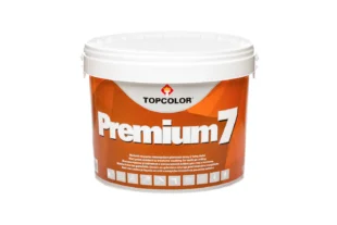 A large white bucket of "Topcolor Premium 7" paint with an orange label. The label includes various text and branding elements.