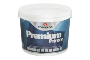 A large blue and white container labeled "TopColor Premium Primer." The design features a modern, geometric pattern, and the lid is white.