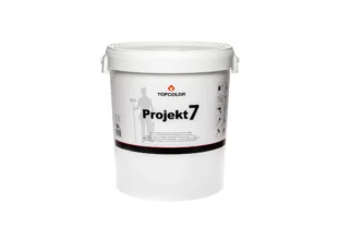 White paint bucket labeled "Projekt 7" by Topcolor, with icons indicating application instructions.