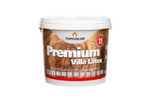 A white bucket of Topcolor Premium Villa Latex paint, featuring a wood texture design on the label. It indicates a 15-year protection guarantee and a volume of 5 liters.