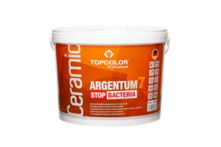 A container of TopColor Professional Ceramic paint with Argentum 7 Stop Bacteria feature. The bucket is predominantly orange with various icons and descriptions highlighting its antibacterial properties.