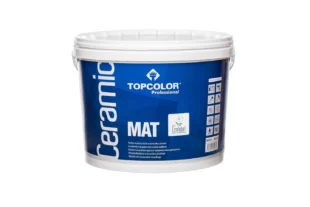 A large white plastic container with a blue label displaying "TopColor Professional Ceramic MAT." The label includes various product symbols and an "Ecolabel" logo, indicating eco-friendly features. The container is designed for holding paint.