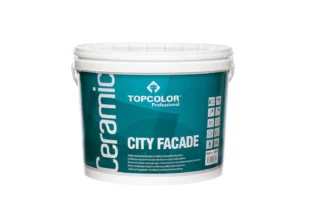 White bucket of Topcolor Professional Ceramic City Facade paint with a teal and white label, featuring product details and icons.