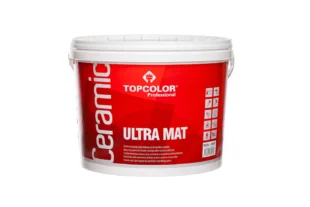 Red and white paint bucket labeled "Topcolor Professional Ceramic Ultra Mat." The bucket features icons indicating properties like wash resistance and durability.