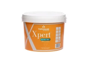 A white plastic bucket with an orange label featuring "Topcolor Professional Xpert Ultra Mat 1st Class." Icons on the right side indicate various product features. The bucket has a handle and a lid.