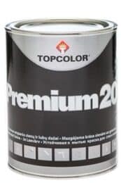 A can of Topcolor Premium 20 paint with text in multiple languages on the front. The design is primarily black with white and gray lettering.