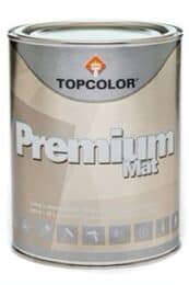 A can of TopColor Premium Mat paint, featuring a silver and beige design. The can displays various icons indicating usage instructions or features at the bottom. The lid features a small flame logo.