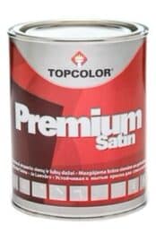 A can of Topcolor Premium Satin paint with a red, white, and gray label. The brand name and product type are prominently displayed on the front of the can.