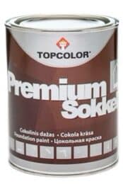 A can of Topcolor Premium Sokker foundation paint with a brown label. Several icons are depicted at the bottom of the label.