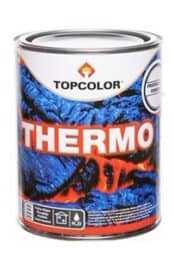 A can of Topcolor Thermo paint featuring a vibrant image of blue and red swirling patterns on the label. The can suggests properties related to heat resistance or thermal performance.